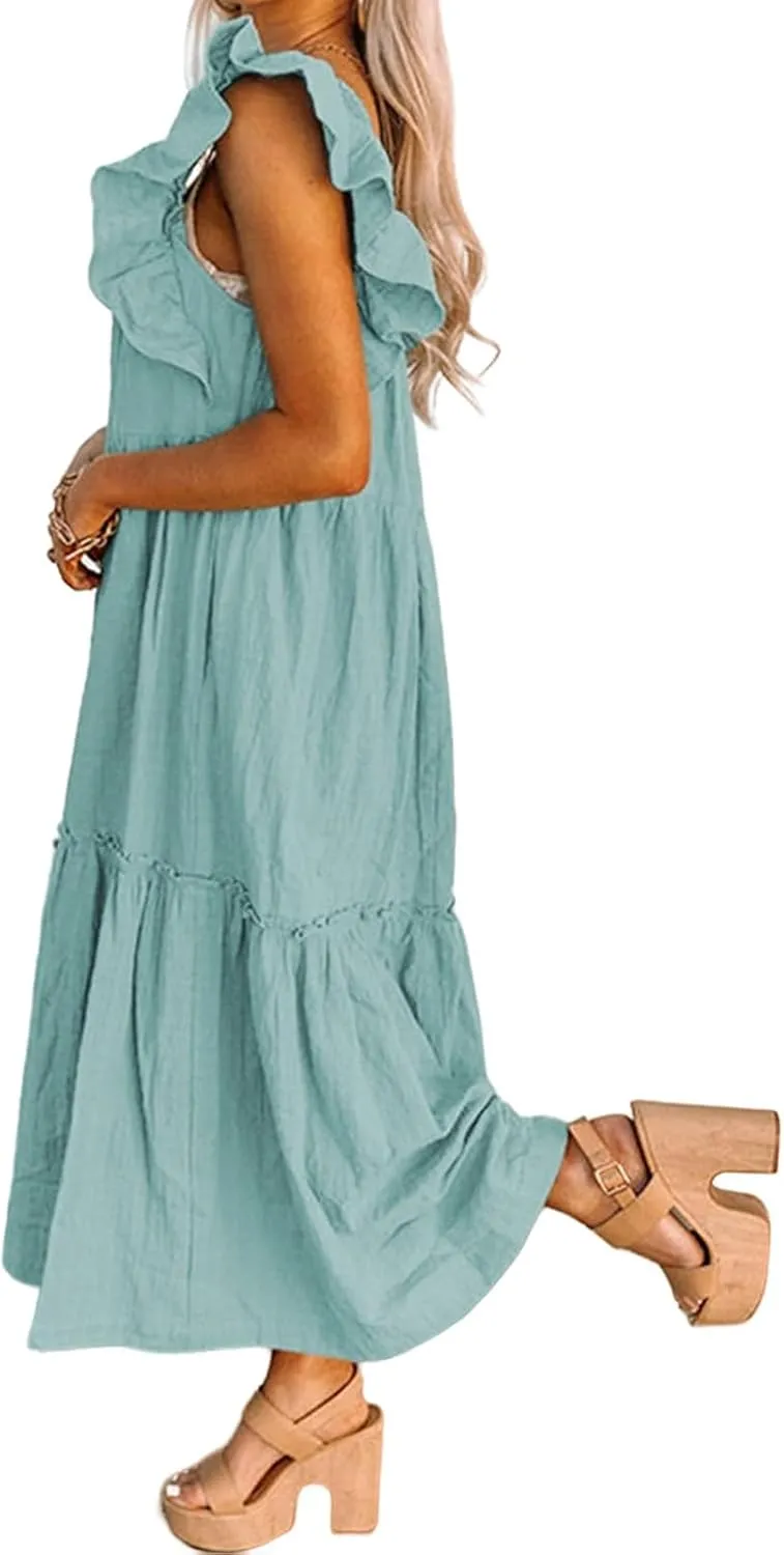 Summer Dresses for Women Casual Ruffle Cap Sleeve Maxi Dress Aline Flowy Tiered Baby Doll Dress Long Beach Sundress