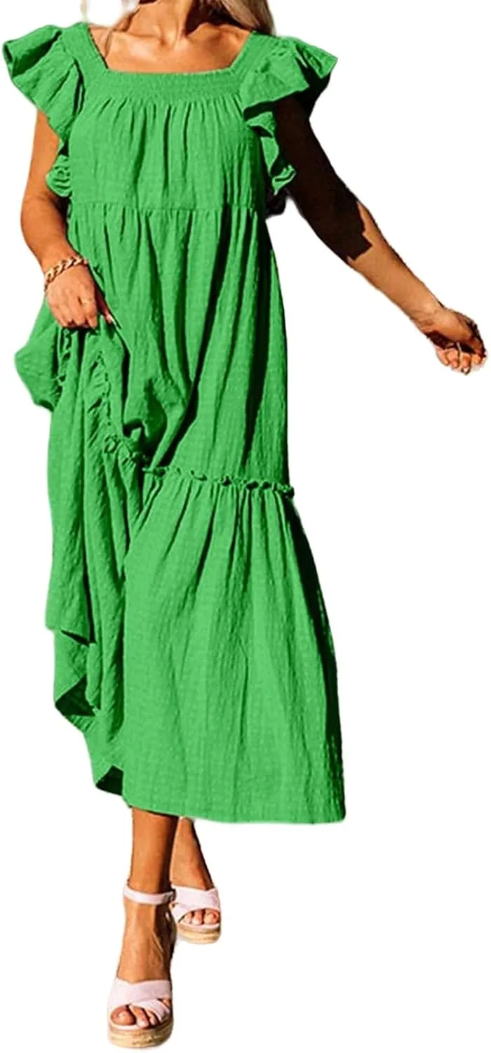 Summer Dresses for Women Casual Ruffle Cap Sleeve Maxi Dress Aline Flowy Tiered Baby Doll Dress Long Beach Sundress