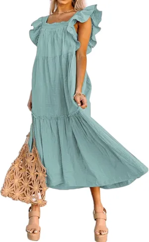 Summer Dresses for Women Casual Ruffle Cap Sleeve Maxi Dress Aline Flowy Tiered Baby Doll Dress Long Beach Sundress