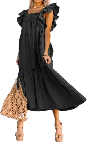 Summer Dresses for Women Casual Ruffle Cap Sleeve Maxi Dress Aline Flowy Tiered Baby Doll Dress Long Beach Sundress