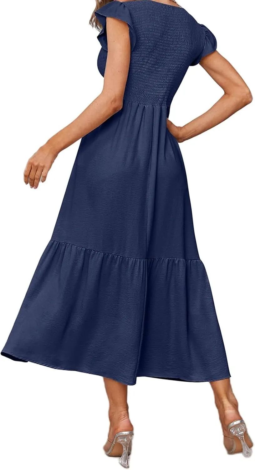 Summer Dresses for Women Ruffle Cap Sleeve Maxi Dress High Waist Tiered A Line Flowy Beach Long Sun Dresses with Pocket