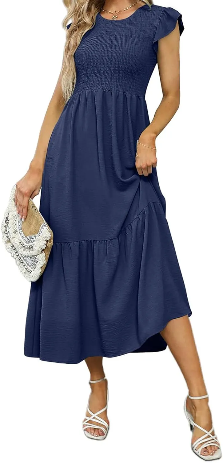 Summer Dresses for Women Ruffle Cap Sleeve Maxi Dress High Waist Tiered A Line Flowy Beach Long Sun Dresses with Pocket