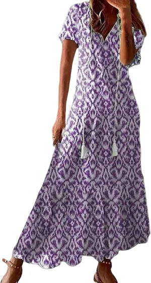 Summer Maxi Dresses for Women 2025 Short Sleeve V Neck Floral Dress Flowy Swing Dress Elegant Dressy Maxi