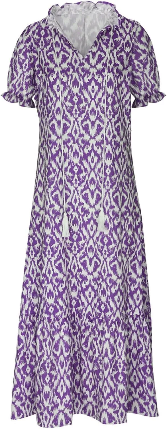 Summer Maxi Dresses for Women 2025 Short Sleeve V Neck Floral Dress Flowy Swing Dress Elegant Dressy Maxi