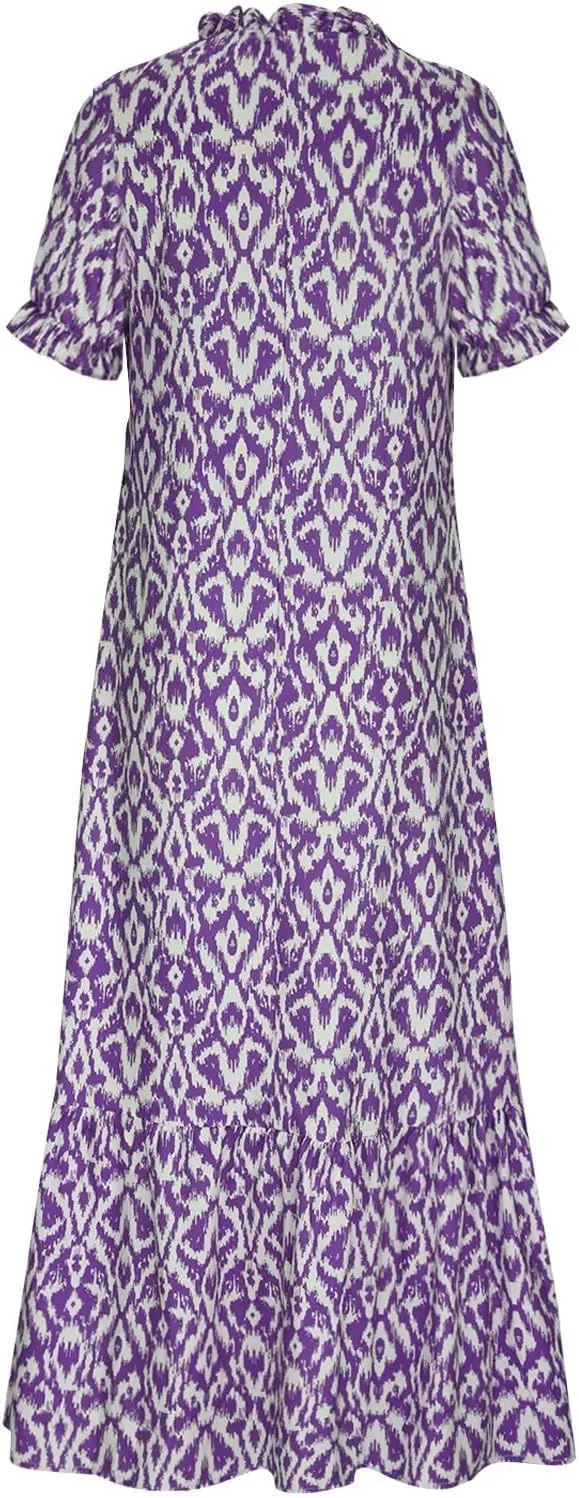 Summer Maxi Dresses for Women 2025 Short Sleeve V Neck Floral Dress Flowy Swing Dress Elegant Dressy Maxi