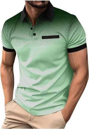 Summer Shirt for Men Casual Loose Fit V-Neck Gradient Color T Shirt Formal Button Up Short Sleeve Tees Loose Pullover