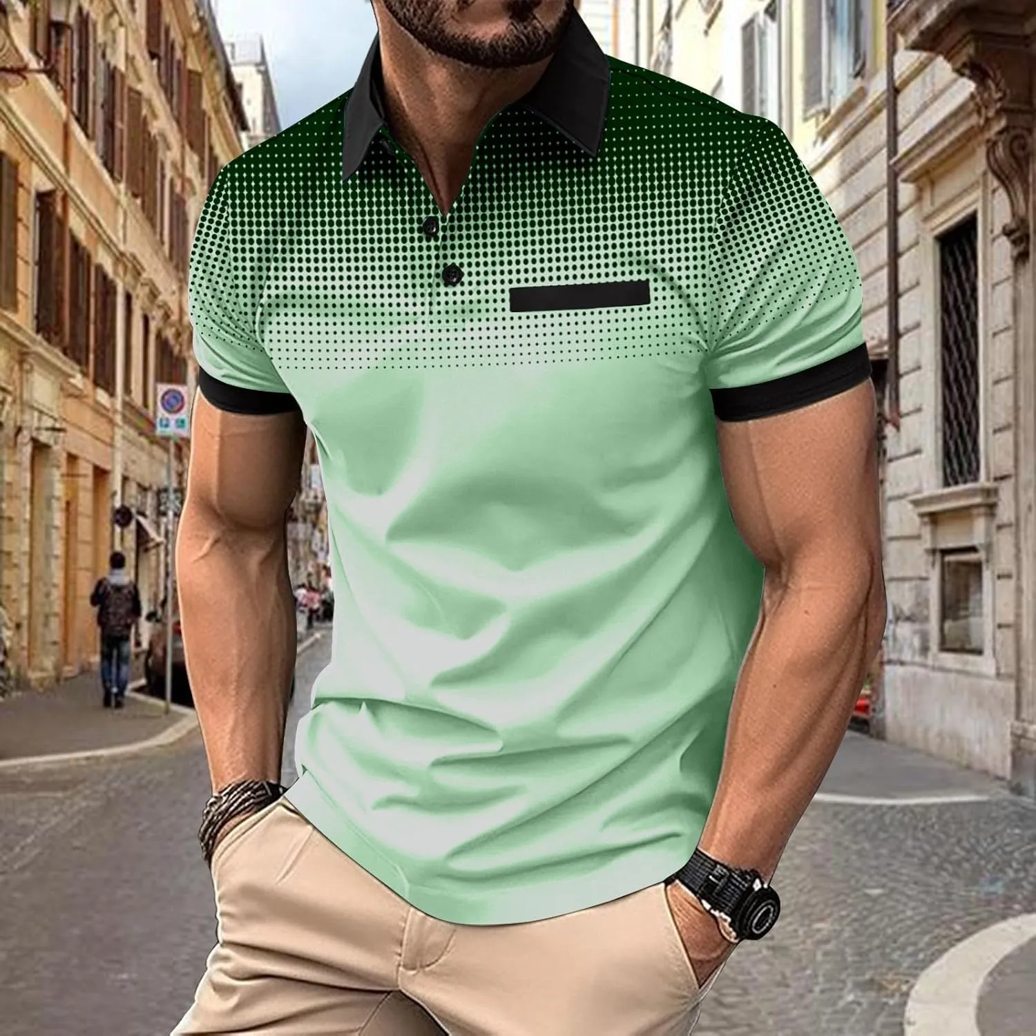 Summer Shirt for Men Casual Loose Fit V-Neck Gradient Color T Shirt Formal Button Up Short Sleeve Tees Loose Pullover