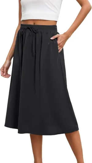 Summer Skirts for Women Trendy High Elastic Waist Loose Drawstring Solid A-Line Midi Shirts for Vacation Streetwear