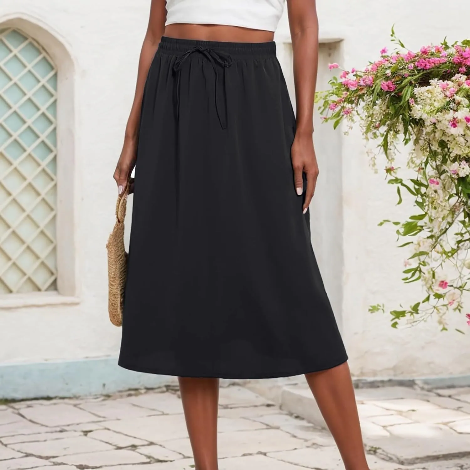 Summer Skirts for Women Trendy High Elastic Waist Loose Drawstring Solid A-Line Midi Shirts for Vacation Streetwear