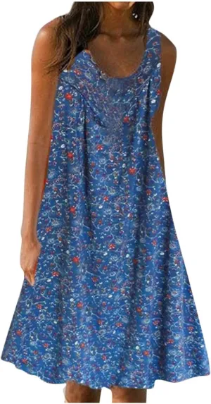 Sun Dresses Women Tank Dress Summer Cute Dresses Short Dress Sleeveless Casual Ruffle Floral Dress with Pockets