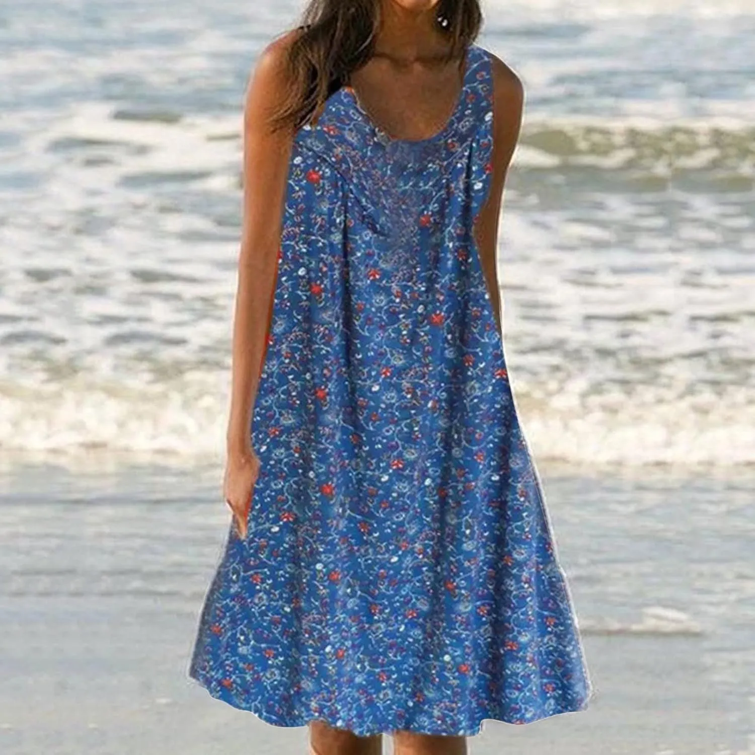 Sun Dresses Women Tank Dress Summer Cute Dresses Short Dress Sleeveless Casual Ruffle Floral Dress with Pockets
