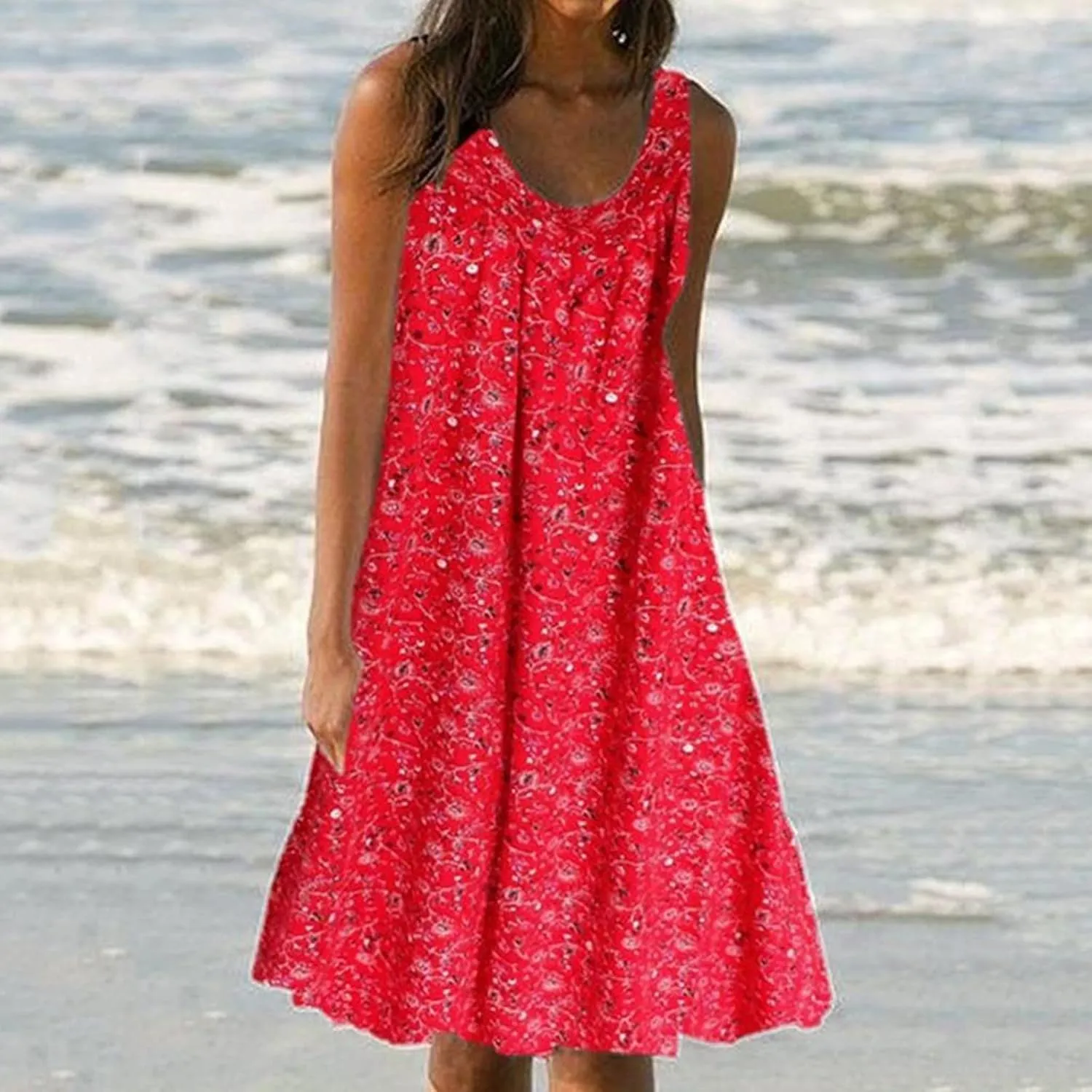 Sun Dresses Women Tank Top Dress Casual Summer Vacation Dress Short Dress Sleeveless Fashion Floral Dress with Pockets