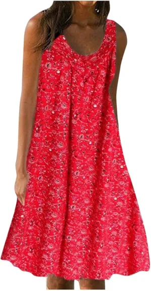 Sun Dresses Women Tank Top Dress Casual Summer Vacation Dress Short Dress Sleeveless Fashion Floral Dress with Pockets