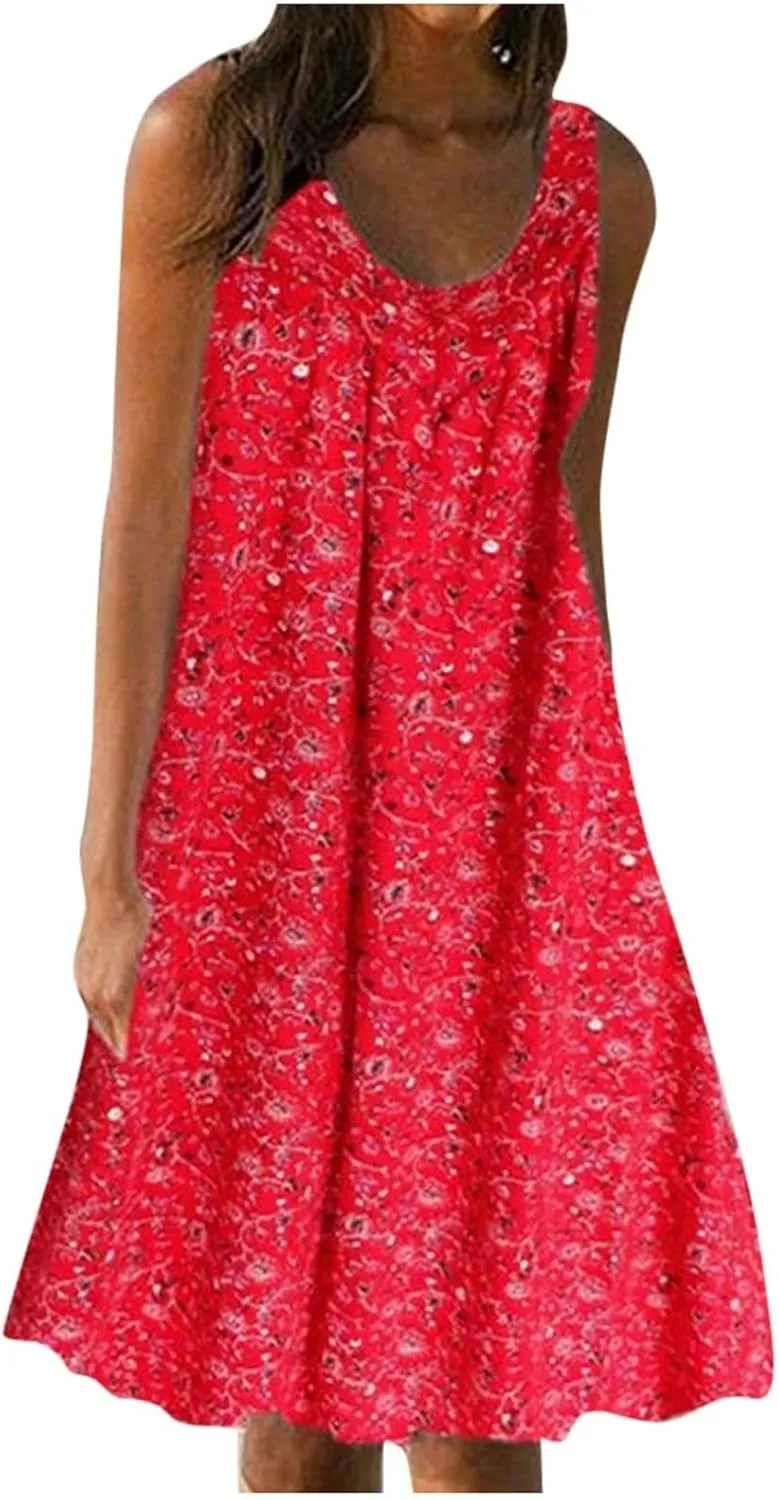 Sun Dresses Women Tank Top Dress Casual Summer Vacation Dress Short Dress Sleeveless Fashion Floral Dress with Pockets