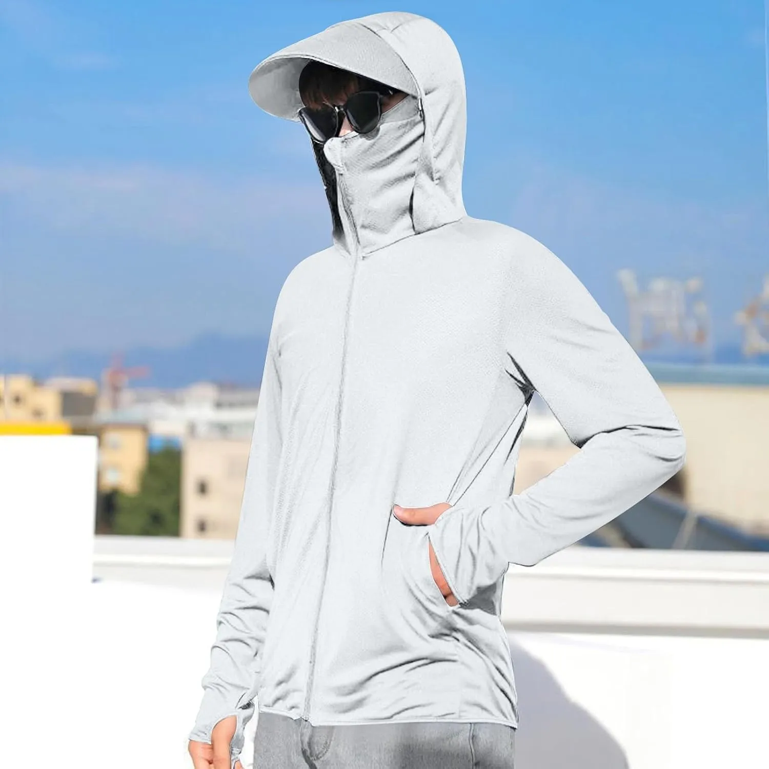 Sun Shirts for Men Casual Fishing Shirts UPF 50  Sun Protection Hoodie Hooded Long Sleeve UV Hiking T-Shirt with Mask