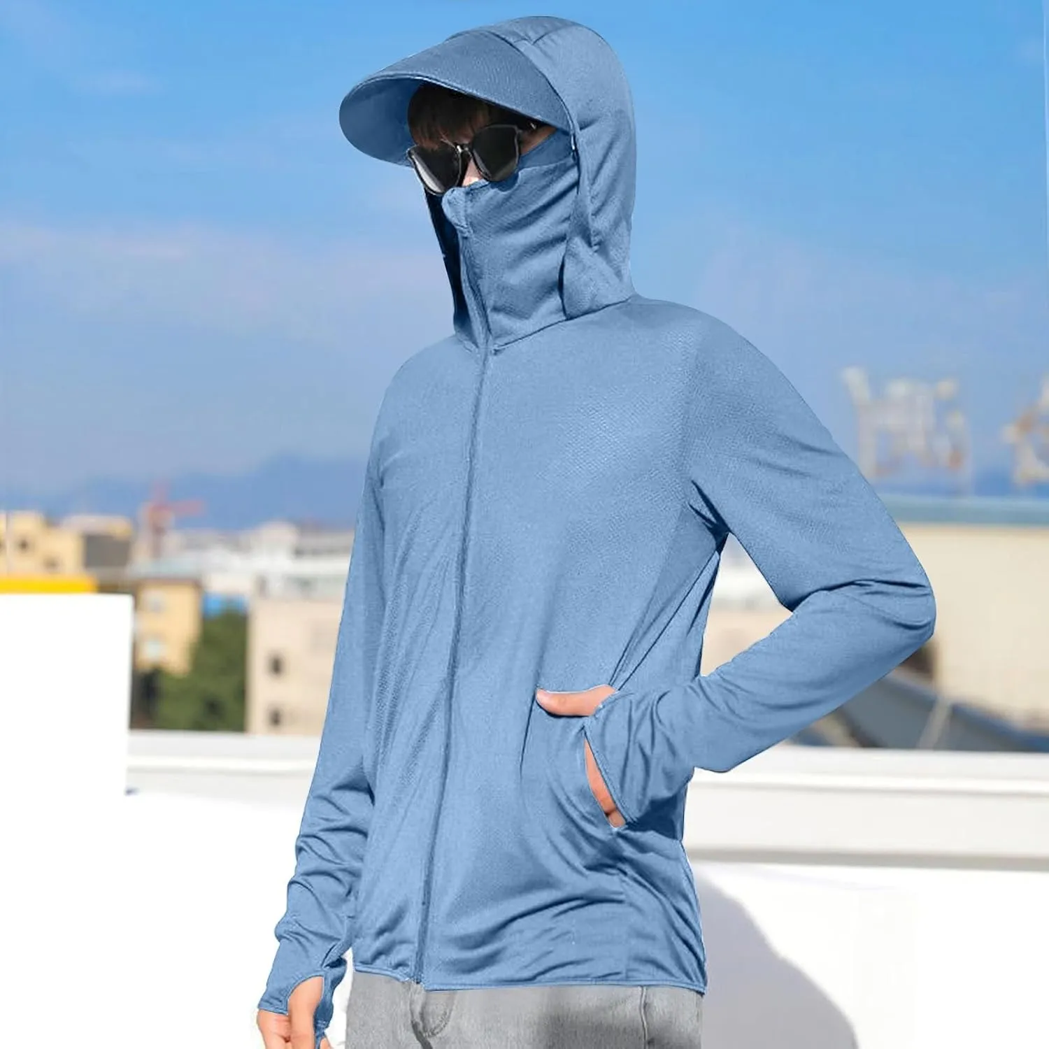Sun Shirts for Men Casual Fishing Shirts UPF 50  Sun Protection Hoodie Hooded Long Sleeve UV Hiking T-Shirt with Mask