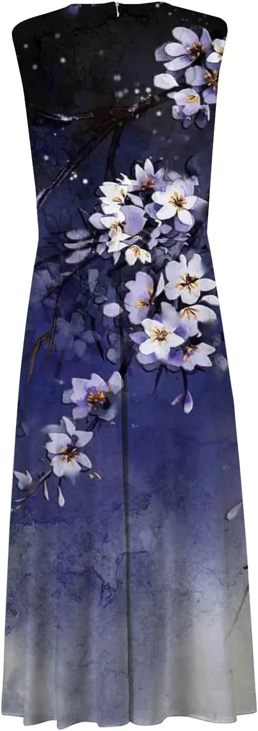 Sundresses for Women 2025 Casual High Waist V Neck Sleeveless Summer Dresses Trendy Floral Pleated Maxi Dresses