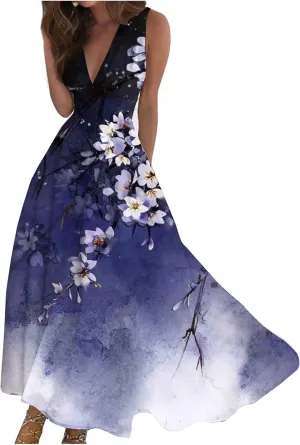 Sundresses for Women 2025 Casual High Waist V Neck Sleeveless Summer Dresses Trendy Floral Pleated Maxi Dresses