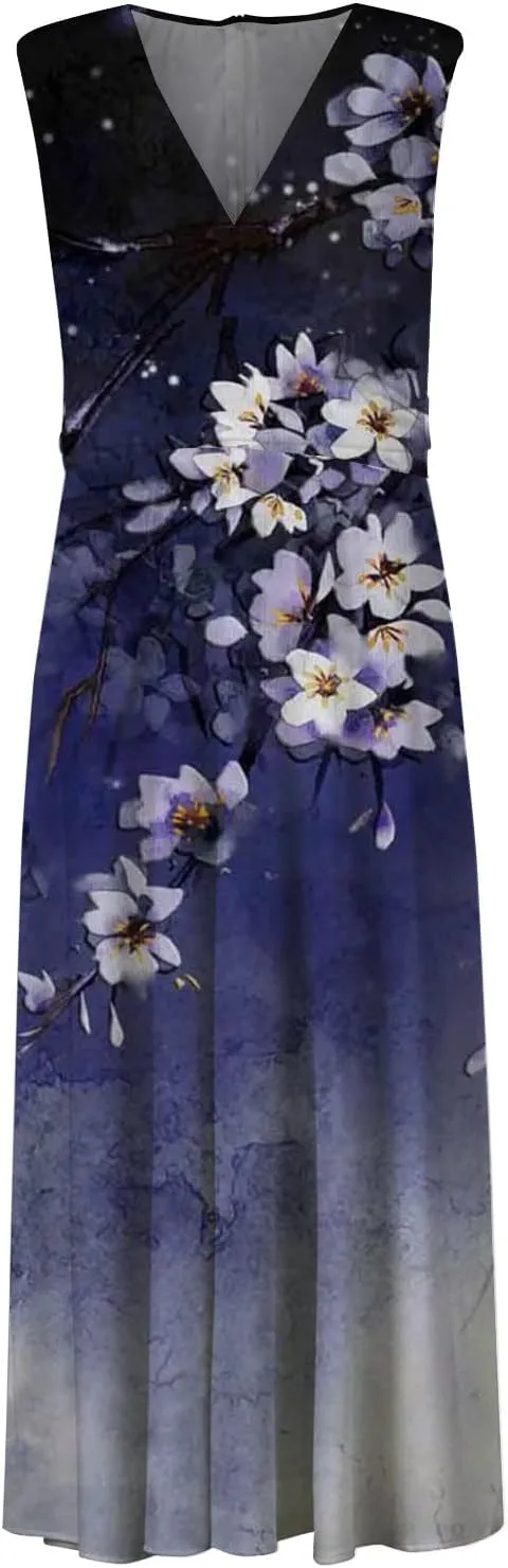 Sundresses for Women 2025 Casual High Waist V Neck Sleeveless Summer Dresses Trendy Floral Pleated Maxi Dresses