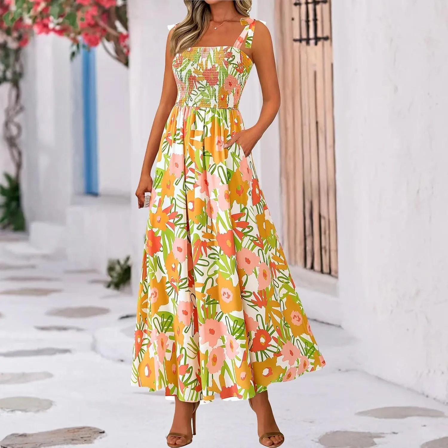 Sundresses for Women,2025 Summer Trendy Floral Smocked Maxi Dress,Sleeveless Square Neck Flowy Boho Vacation Dress
