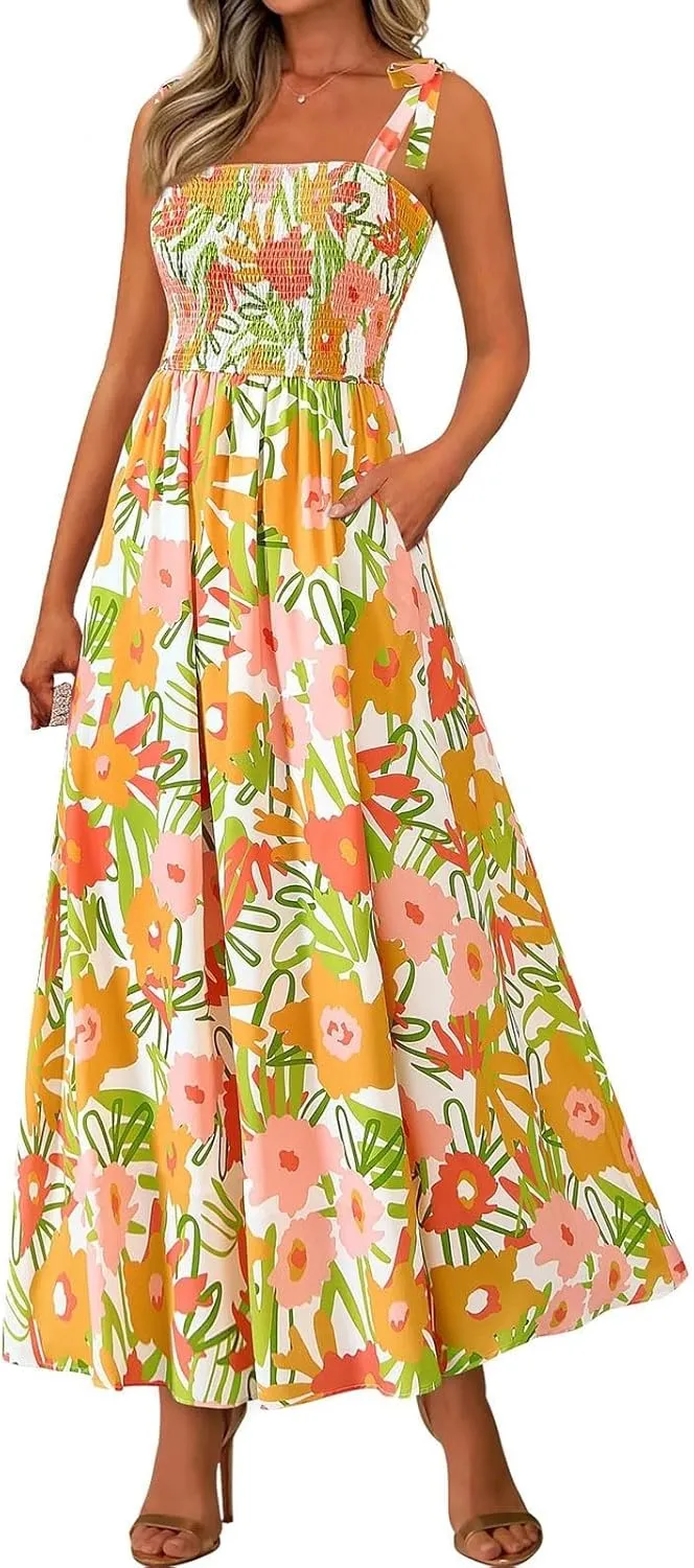 Sundresses for Women,2025 Summer Trendy Floral Smocked Maxi Dress,Sleeveless Square Neck Flowy Boho Vacation Dress