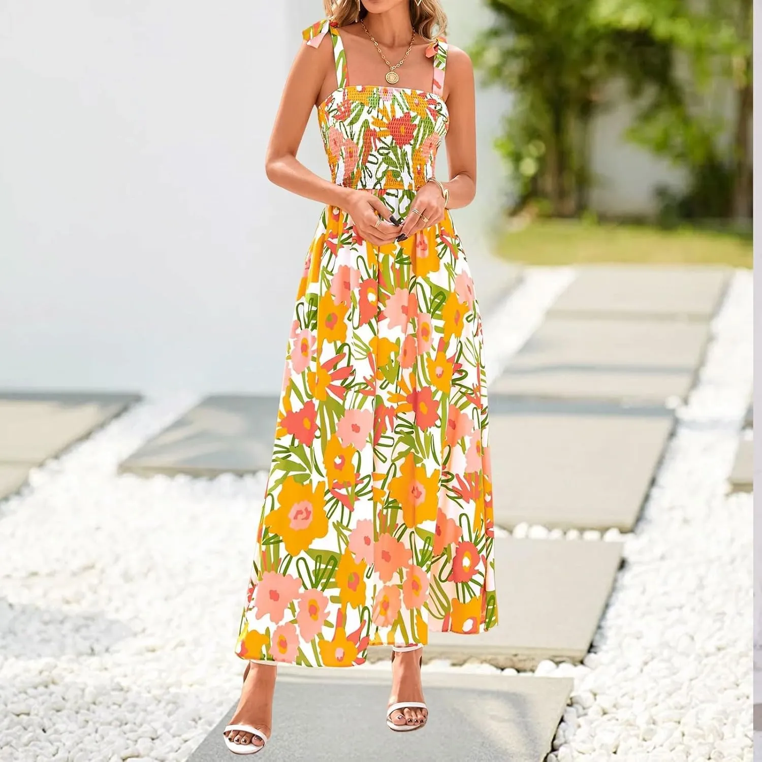 Sundresses for Women,2025 Summer Trendy Floral Smocked Maxi Dress,Sleeveless Square Neck Flowy Boho Vacation Dress