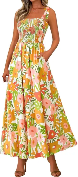 Sundresses for Women,2025 Summer Trendy Floral Smocked Maxi Dress,Sleeveless Square Neck Flowy Boho Vacation Dress