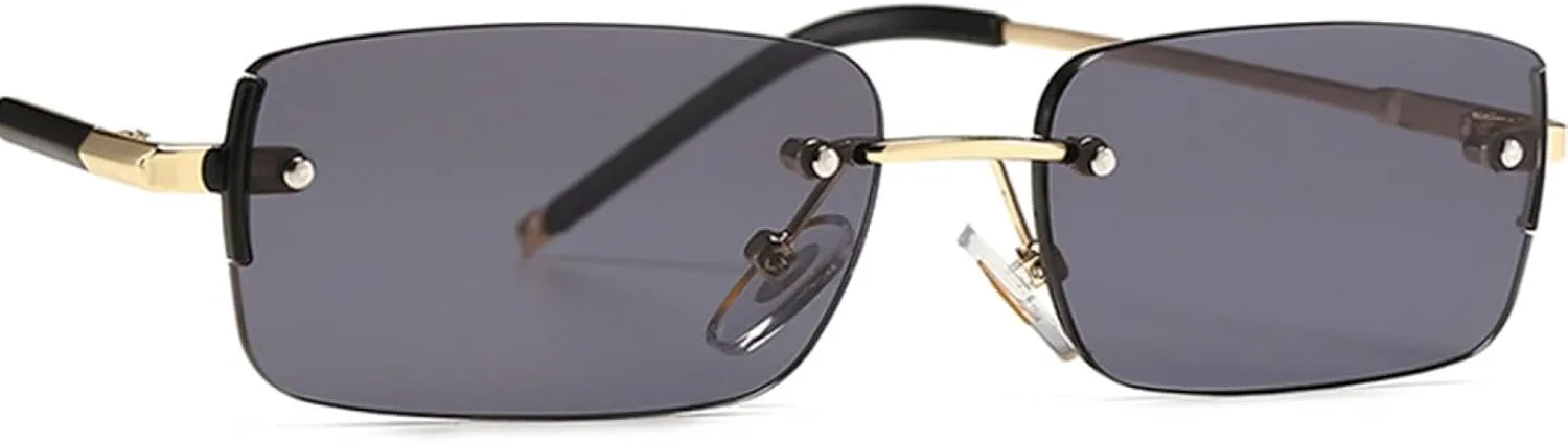 Sunglasses for Men Rimless Metal Small Retro Sun Glasses Uv400 Gold Blue Green