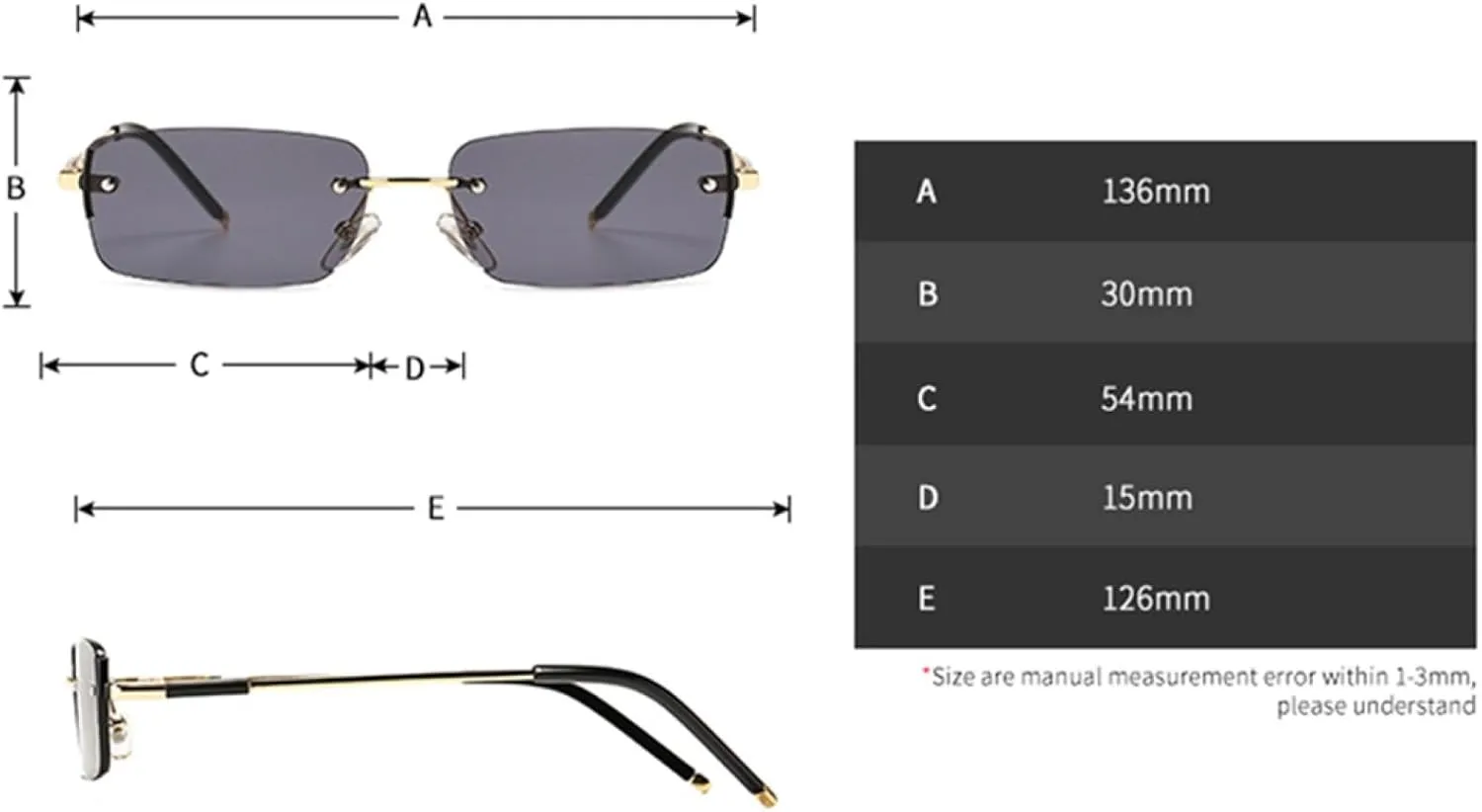 Sunglasses for Men Rimless Metal Small Retro Sun Glasses Uv400 Gold Blue Green
