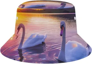 Swans In The Lake Landscape Bucket Hat Summer Sun Hat Fishing Cap for Men Women for Beach