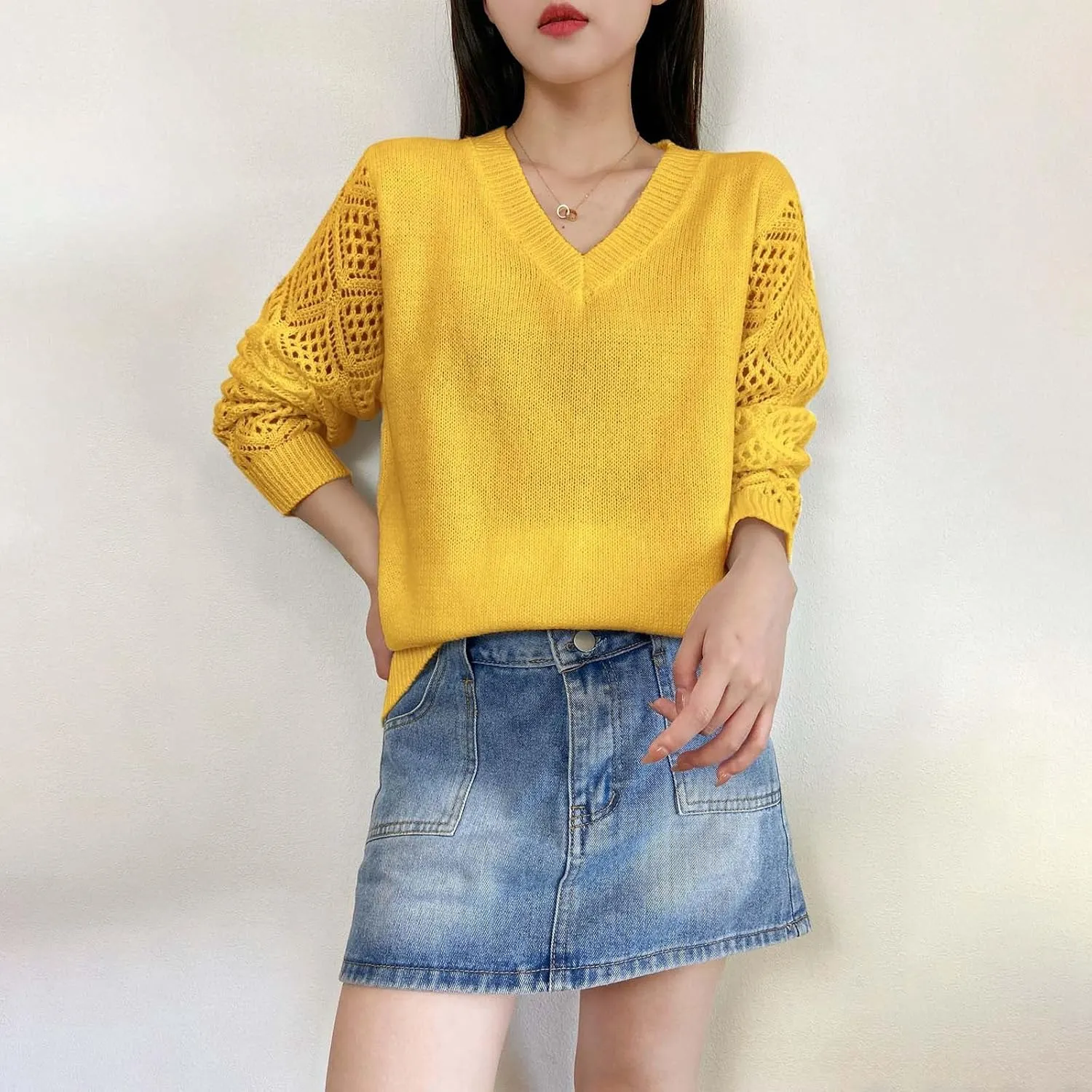 Sweater for Women Cable Knit Solid Color V Neck Long Sleeve Casual Soft Loose Fit Sweaters Tops