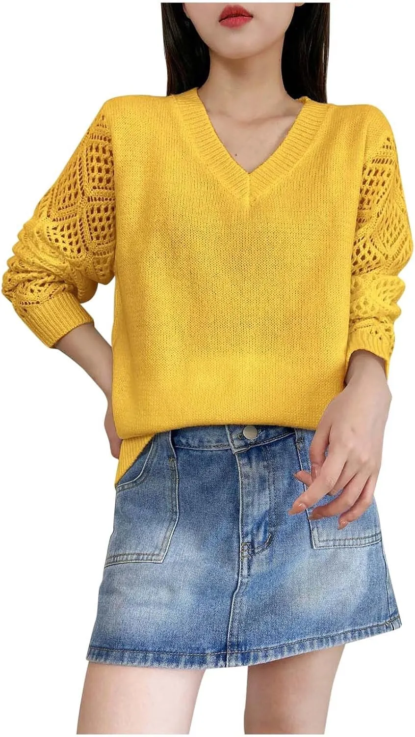 Sweater for Women Cable Knit Solid Color V Neck Long Sleeve Casual Soft Loose Fit Sweaters Tops