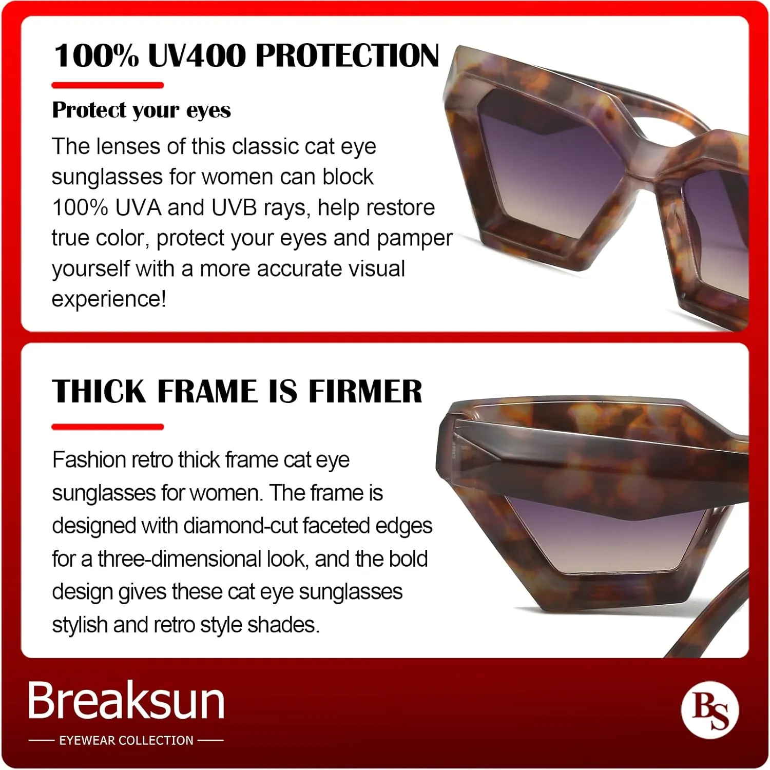Thick Frame Cat Eye Sunglasses for Women Vintage Trendy Cateye Sun Glasses Retro Style Shades