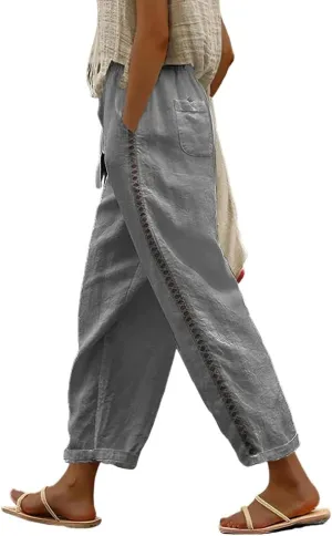 TIAFORD Women's Summer Casual Linen Pants Elastic Waist Relaxed Fit Straight Leg Crop Pants Beach Trousers with Pockets