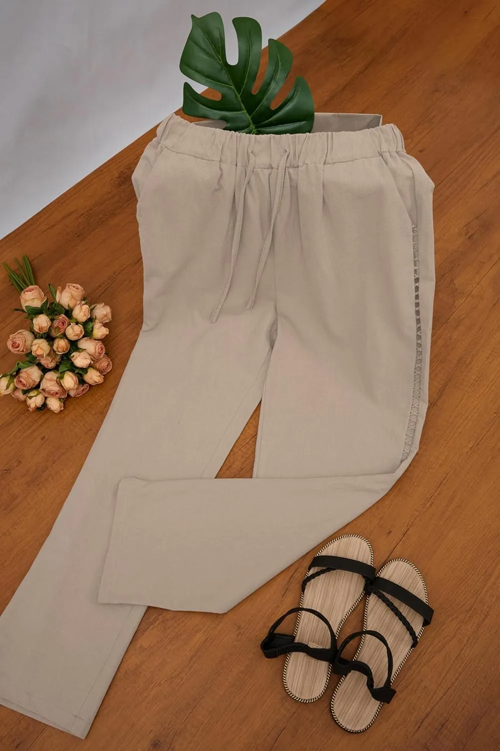 TIAFORD Women's Summer Casual Linen Pants Elastic Waist Relaxed Fit Straight Leg Crop Pants Beach Trousers with Pockets