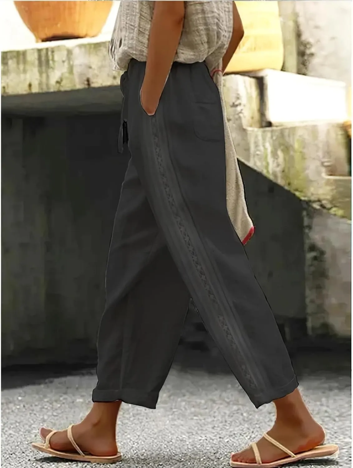 TIAFORD Women's Summer Casual Linen Pants Elastic Waist Relaxed Fit Straight Leg Crop Pants Beach Trousers with Pockets
