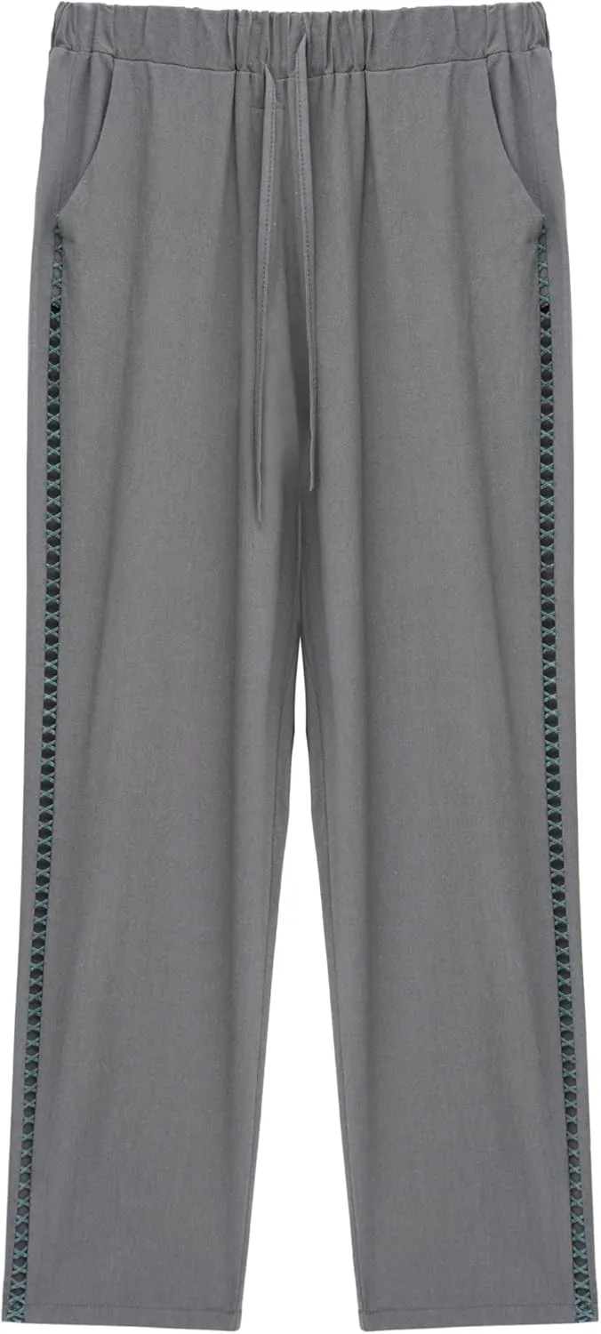TIAFORD Women's Summer Casual Linen Pants Elastic Waist Relaxed Fit Straight Leg Crop Pants Beach Trousers with Pockets