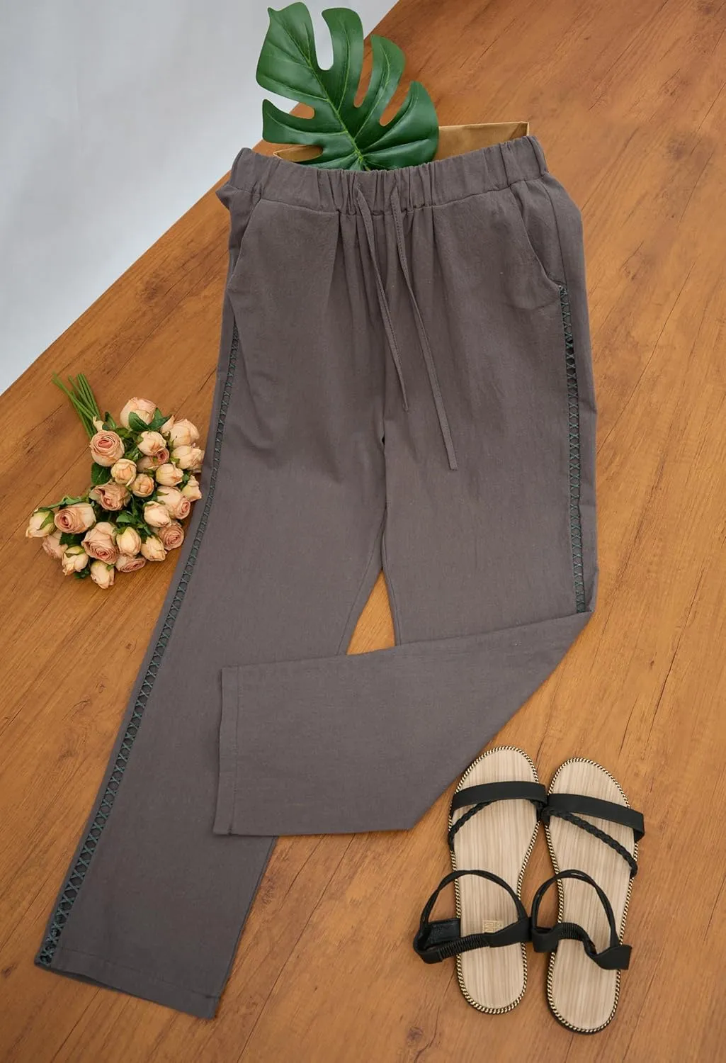 TIAFORD Women's Summer Casual Linen Pants Elastic Waist Relaxed Fit Straight Leg Crop Pants Beach Trousers with Pockets