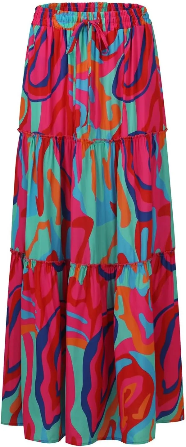 Tiered Pleated Skirts for Women Boho Floral Beach A Line Maxi Skirt Summer Casual High Waist Long Skirts with Pockets