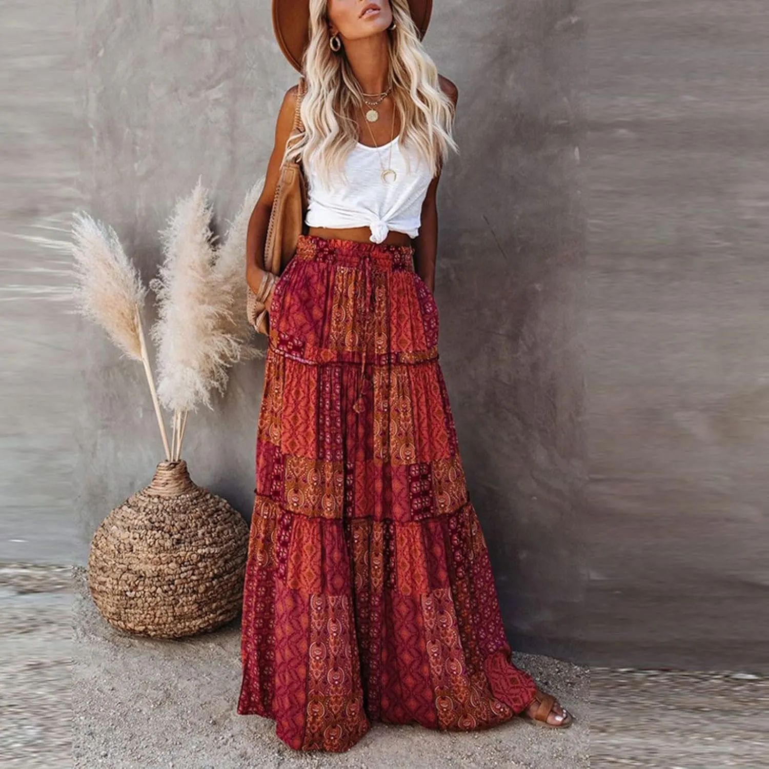 Tiered Pleated Skirts for Women Boho Floral Beach A Line Maxi Skirt Summer Casual High Waist Long Skirts with Pockets