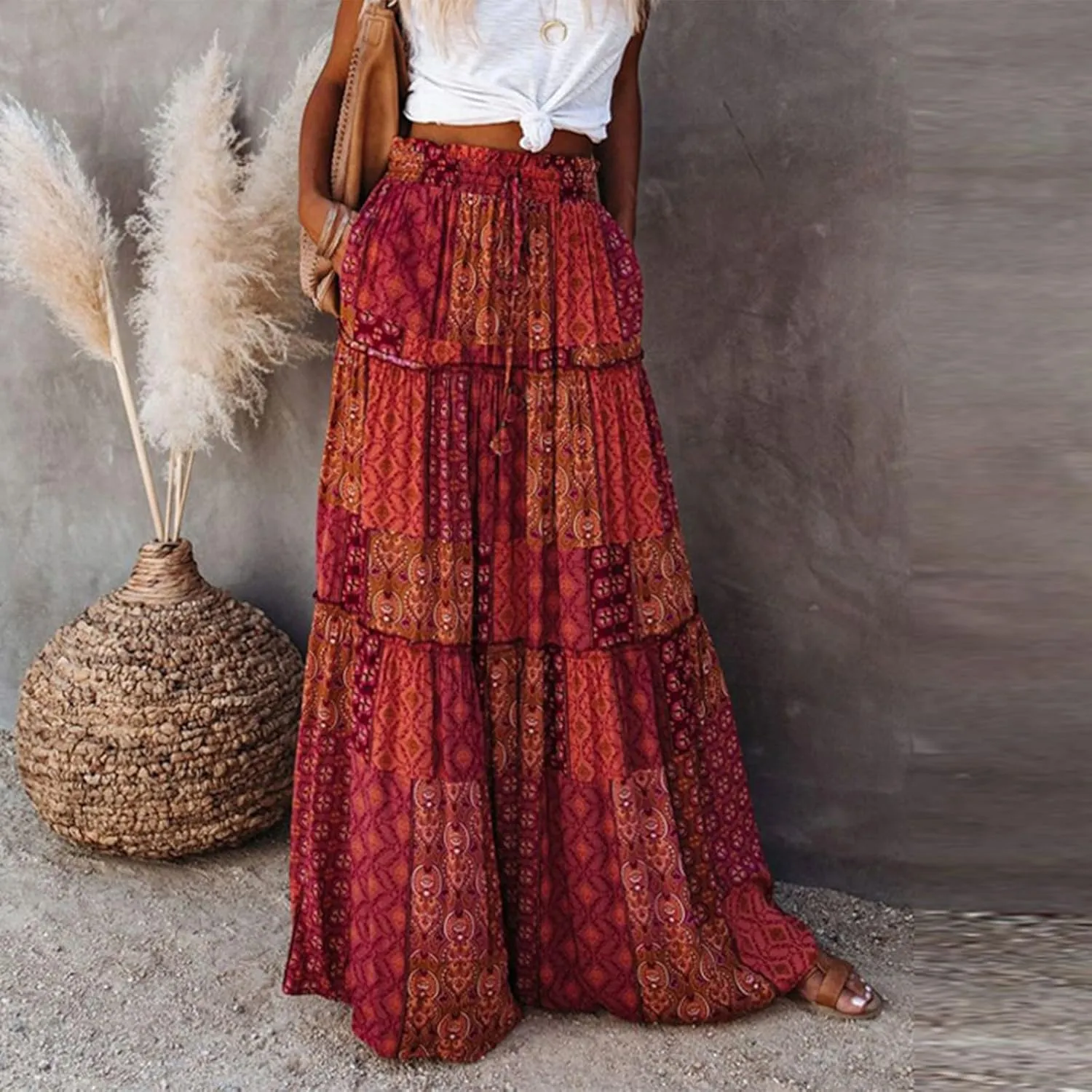 Tiered Pleated Skirts for Women Boho Floral Beach A Line Maxi Skirt Summer Casual High Waist Long Skirts with Pockets