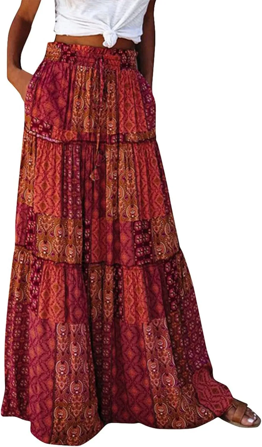 Tiered Pleated Skirts for Women Boho Floral Beach A Line Maxi Skirt Summer Casual High Waist Long Skirts with Pockets