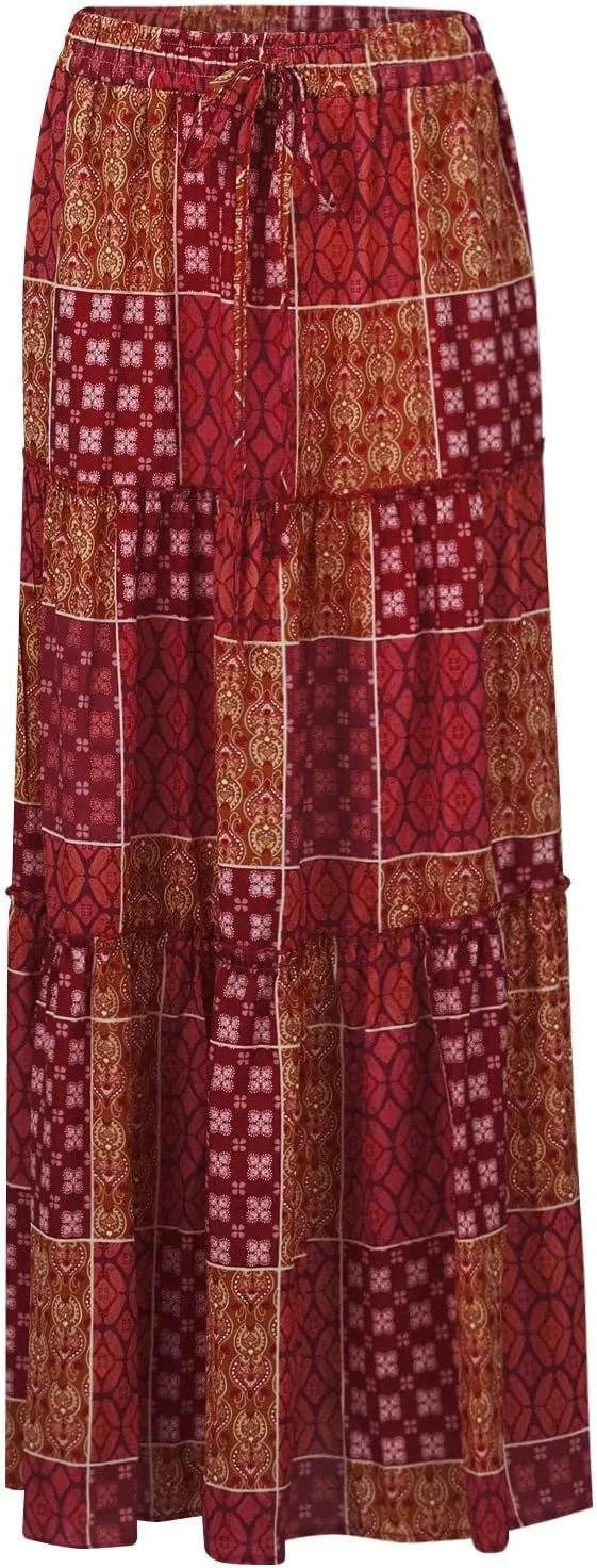 Tiered Pleated Skirts for Women Boho Floral Beach A Line Maxi Skirt Summer Casual High Waist Long Skirts with Pockets