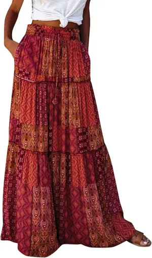 Tiered Pleated Skirts for Women Boho Floral Beach A Line Maxi Skirt Summer Casual High Waist Long Skirts with Pockets