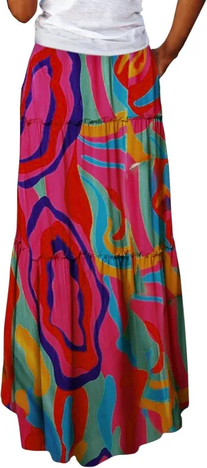 Tiered Pleated Skirts for Women Boho Floral Beach A Line Maxi Skirt Summer Casual High Waist Long Skirts with Pockets