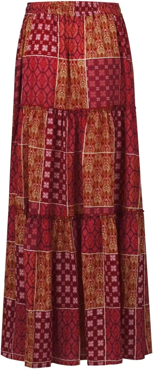 Tiered Pleated Skirts for Women Boho Floral Beach A Line Maxi Skirt Summer Casual High Waist Long Skirts with Pockets