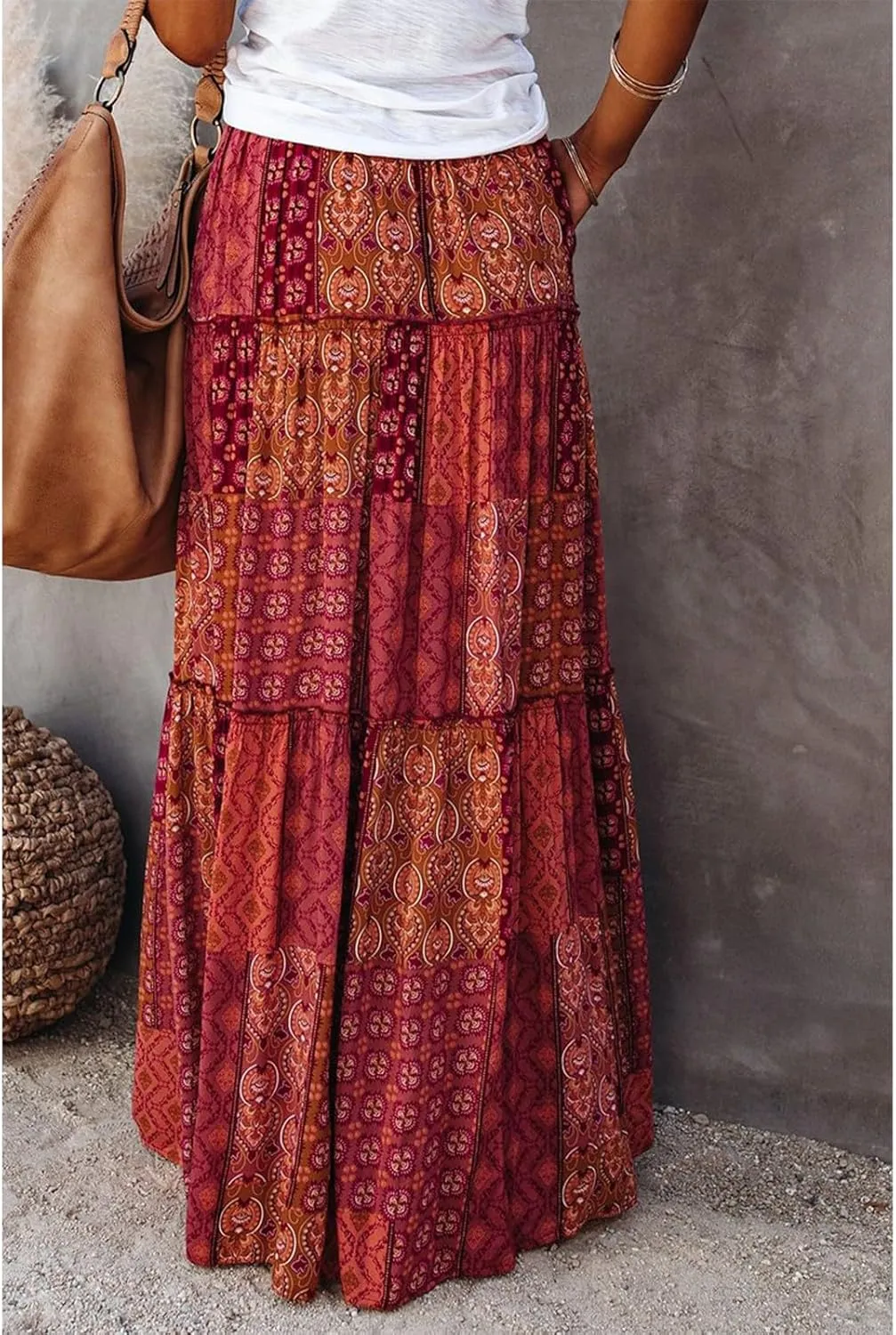 Tiered Pleated Skirts for Women Boho Floral Beach A Line Maxi Skirt Summer Casual High Waist Long Skirts with Pockets