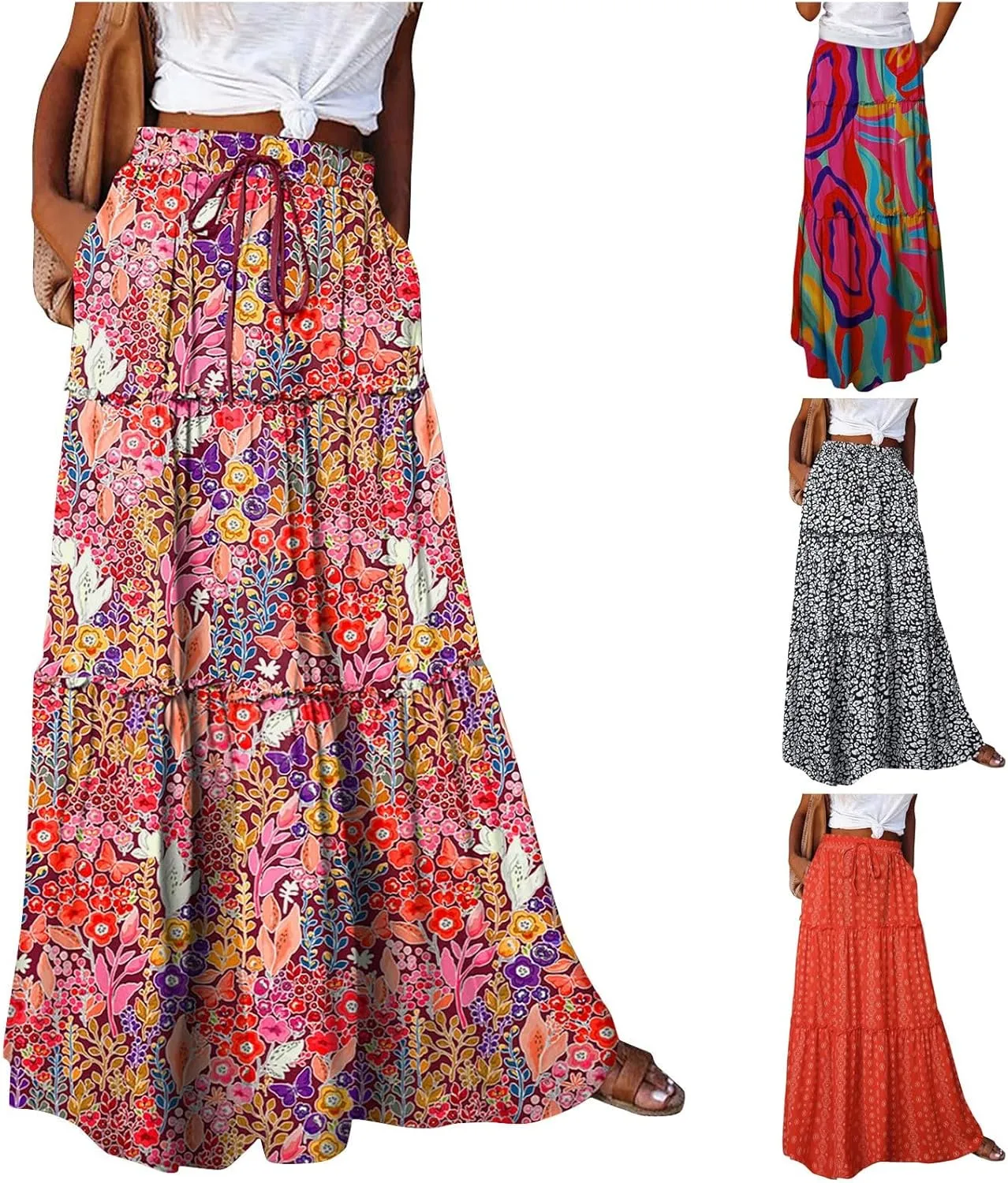 Tiered Pleated Skirts for Women Boho Floral Beach A Line Maxi Skirt Summer Casual High Waist Long Skirts with Pockets