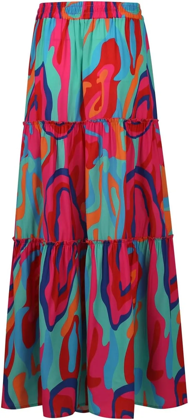 Tiered Pleated Skirts for Women Boho Floral Beach A Line Maxi Skirt Summer Casual High Waist Long Skirts with Pockets