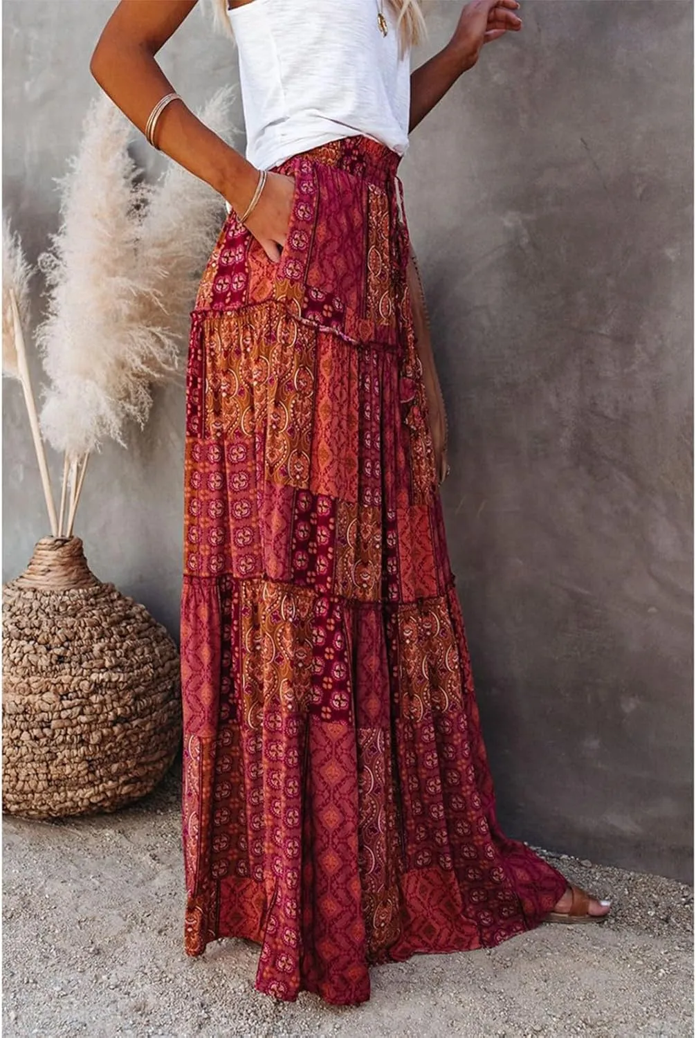 Tiered Pleated Skirts for Women Boho Floral Beach A Line Maxi Skirt Summer Casual High Waist Long Skirts with Pockets